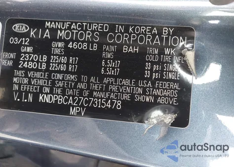 2012 Kia Sportage Lx из США, поврежденный, VIN KNDPBCA27C7315478